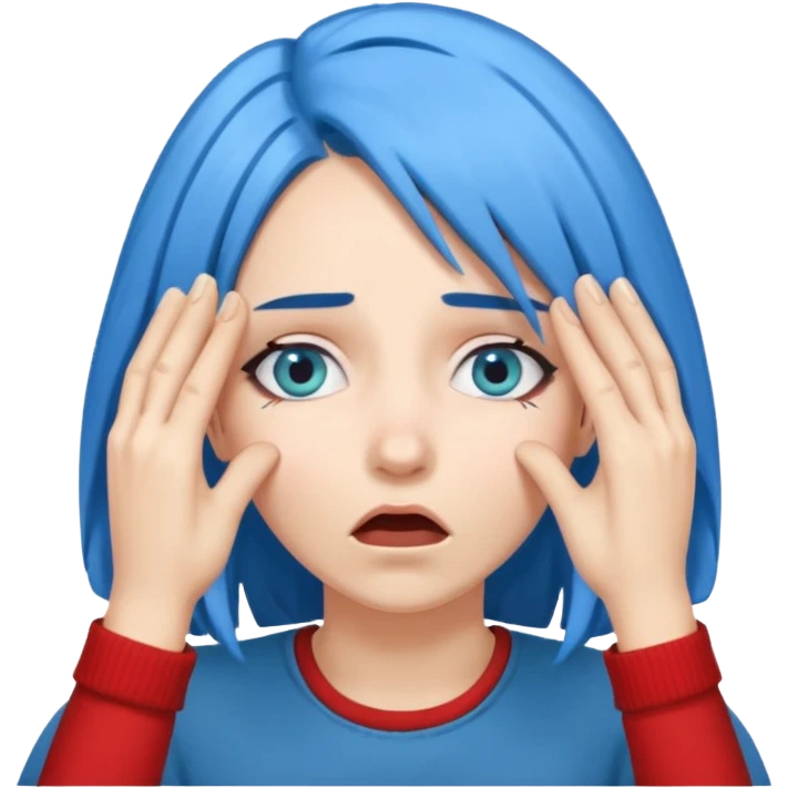 Woman with blue hair with hands over her eyes in shock emoji
