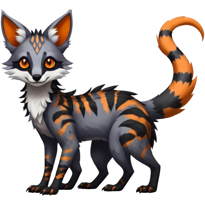 Feral Rare Fantasy dark colorful Vernid-Sergal-Genet-Trico-species by LiLaiRa, random markings, tufted tail, tufted ears, full body emoji