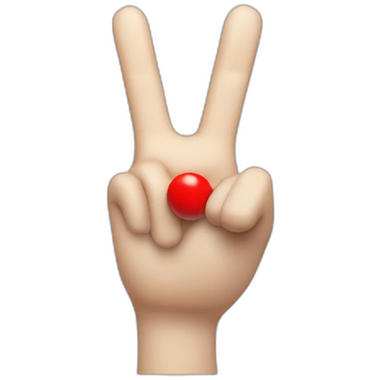 white 3d cartoon hand doing peace sign with a small red string on the index finger emoji