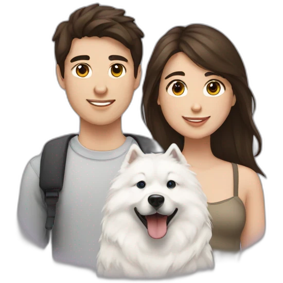 brunette girl with brunette boy with a samoyed emoji