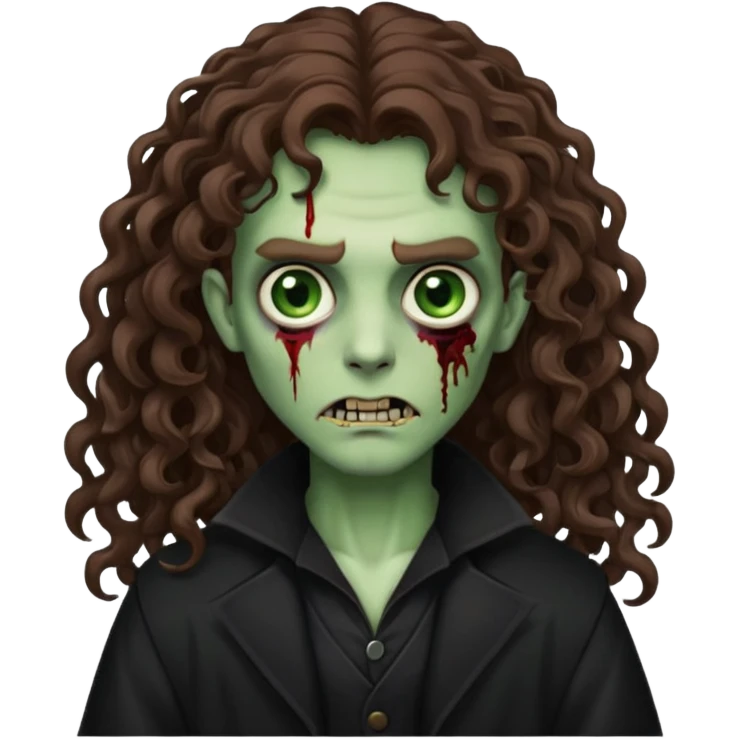 long curly haired zombie with brown hair color and green eye color, with dark vampire clothes emoji