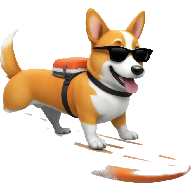 Orange corgi with sunglasses in a shark costume riding a surfboard with ocean waves emoji