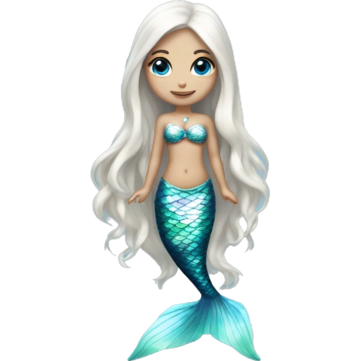 Iridescent silver mermaid tail full body blue eyes almond skin girl long white hair emoji