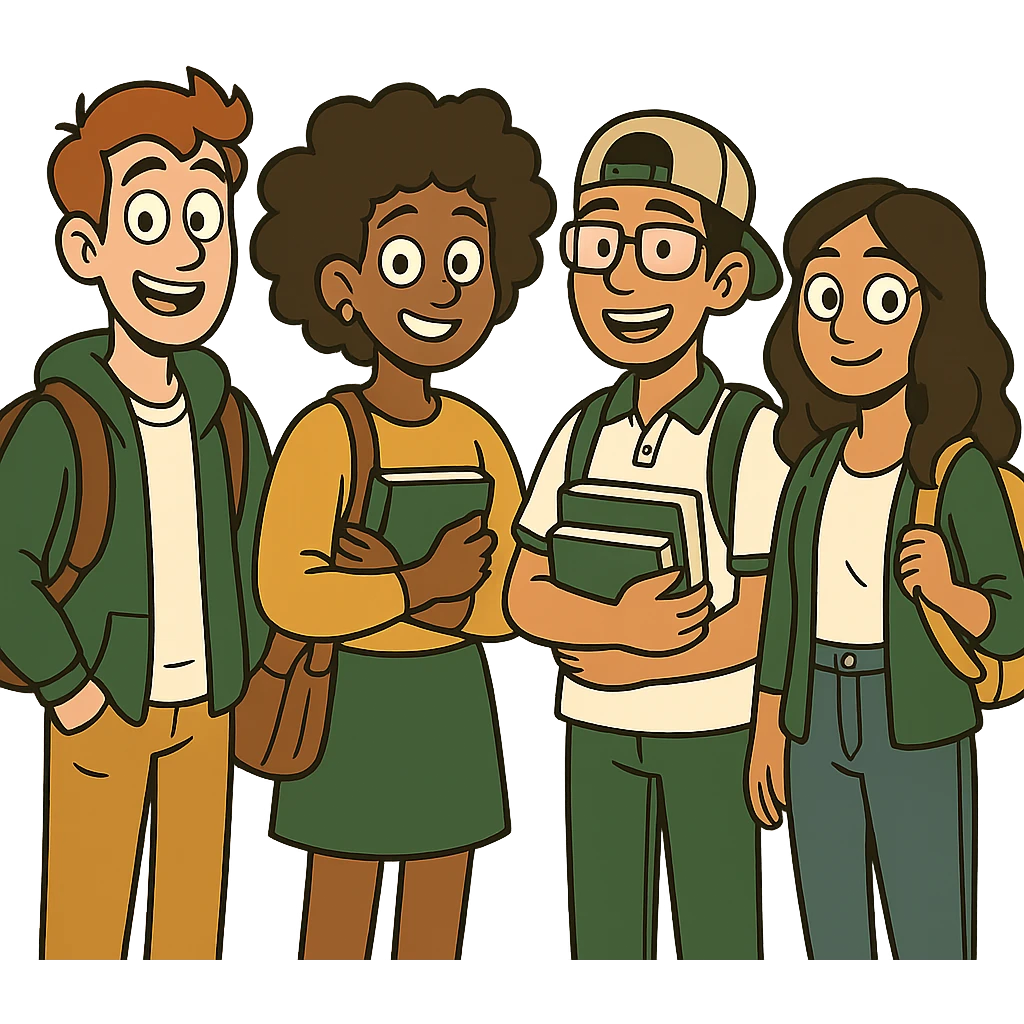 multicultural group of students, modern look, green gold and white color scheme, rounded shapes, simple design emoji