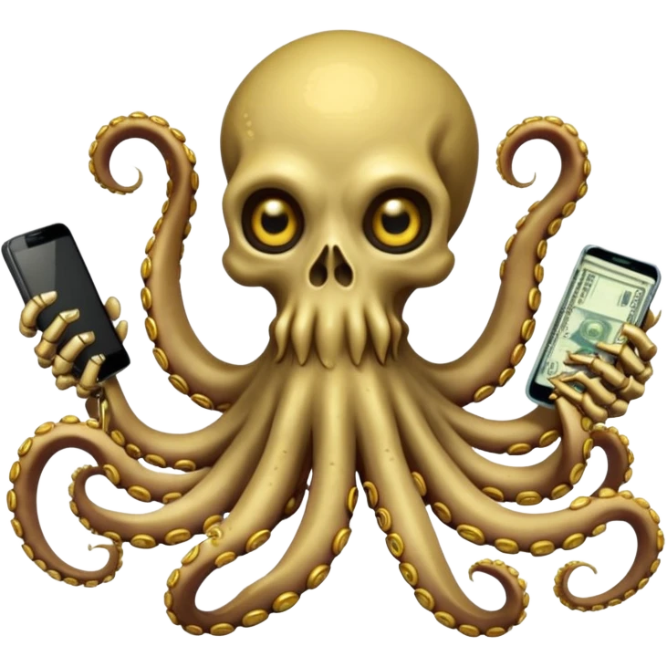 Intimidating octopus skeleton. Evil looking eyes, wearing a gold necklace. 3 tentacles are holding their own cellphone with one held to the side of its face as if its on a phone call, 2 other tentacles are holding stacks of money emoji