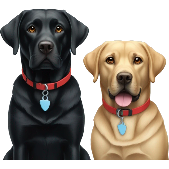 black-coloured labrador on the left with red collar, black-coloured labrador on the right with light blue collar. emoji