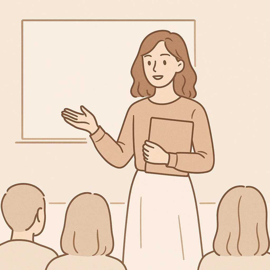 aesthetic style girl with folder in hand, presenting in front of a class, minimalistic aesthetic background, light colors emoji