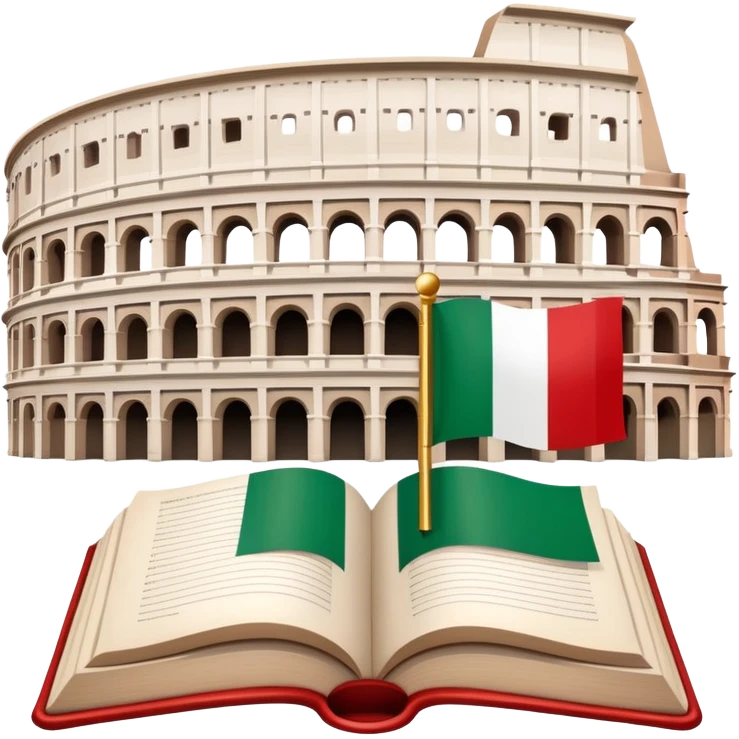 An icon featuring the Colosseum and the flag of Italy, symbolizing the Italian language. The design includes an open book with Italian phrases and a gondola, representing language learning and cultural exploration. Transparent background emoji