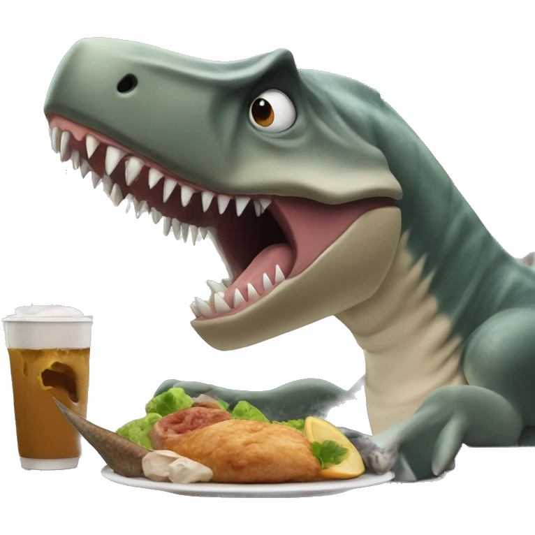 Dinosaur eating a shark tail in a restaurant  emoji