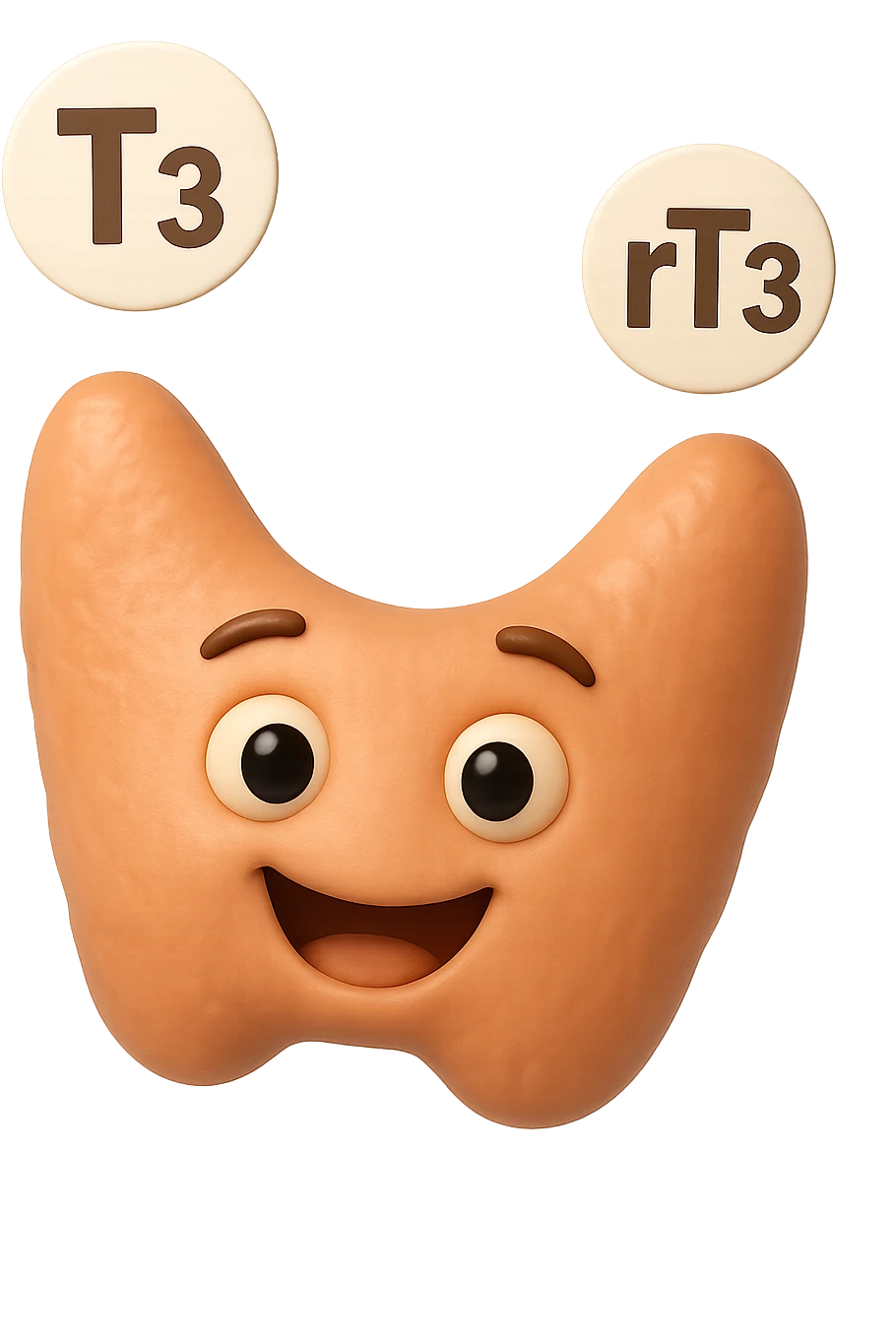 EMOJI STILE IPHONE 3D DI ormoni tiroidei (T3 ed rT3) che fluttuano in aria intorno ad una tiroide felice, iperrealistico 4k emoji