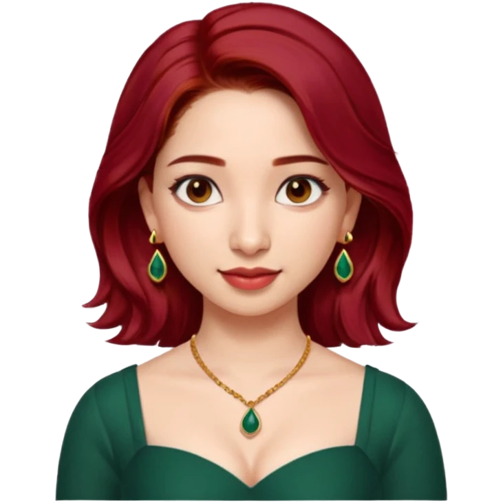 pretty bratz genmoji that looks like tamannah bhatia (bollywood actress), wearing a dark green sweetheart neckline top, dark red hair, light makeup, no necklace, dangly earrings, side hair part, dark brown eyes,  emoji