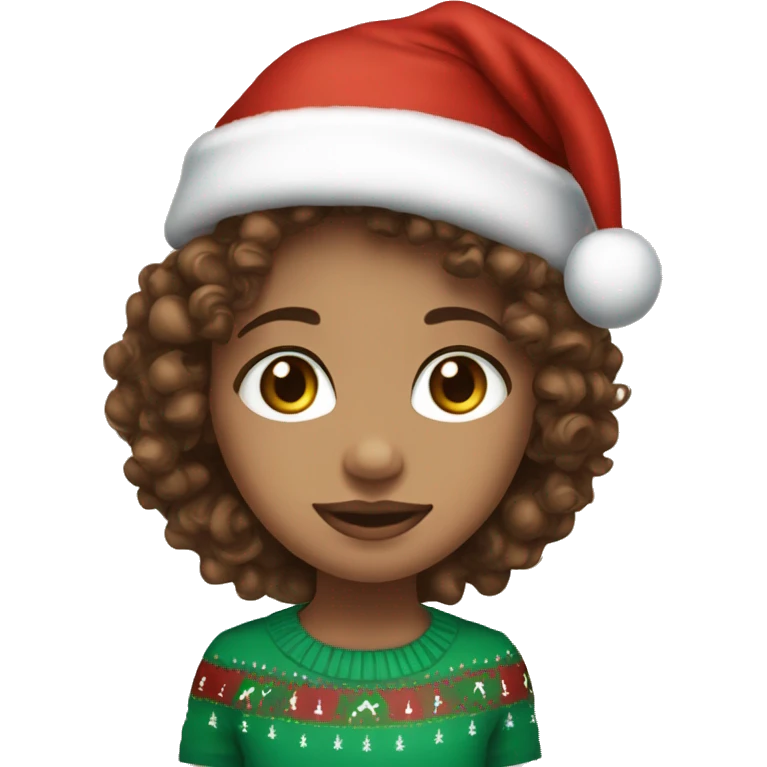 Light skin blue eyes Curly brown hair girl wearing Christmas hat emoji