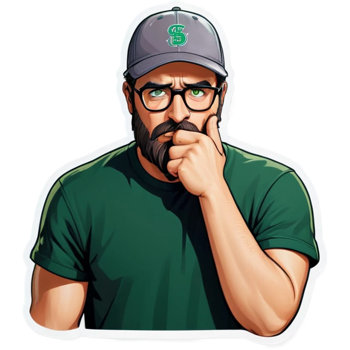 A man with a grey baseball cap, green eyes, big dark brown beard and glasses, facepalm emoji