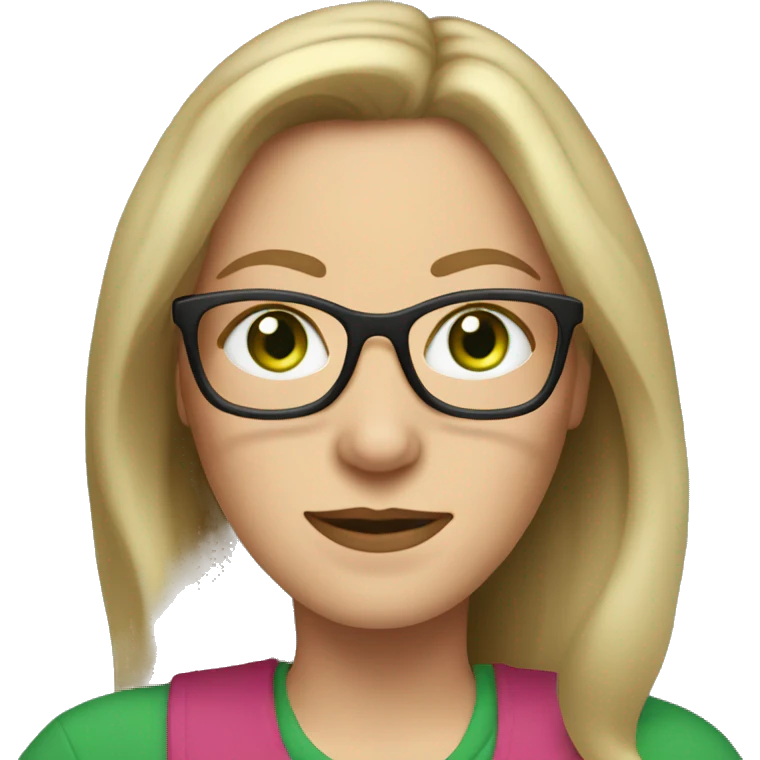 Middle aged white woman long  dark blonde hair green eyes with glasses  emoji