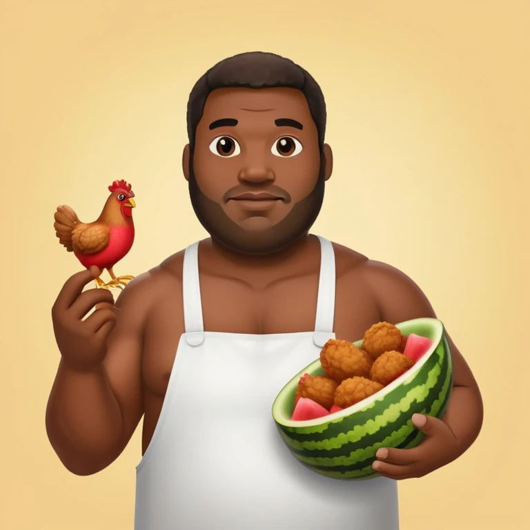 Big black man with fried chicken in one hand and wqtermelon in the other hand emoji