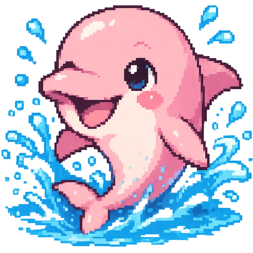 pink dolphin playfully swimming, water effects, happy expression, anime style, transparent background, 128x128 pixels emoji