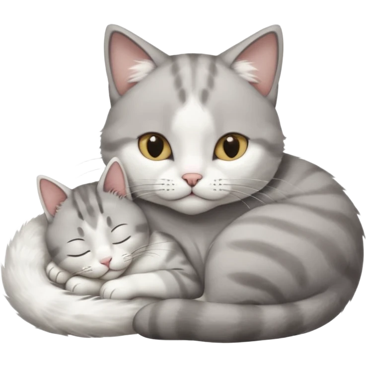 1 grey and white small cat with his eyes closed lying down leaning on his elbow with his paw curled under his head holding it up emoji