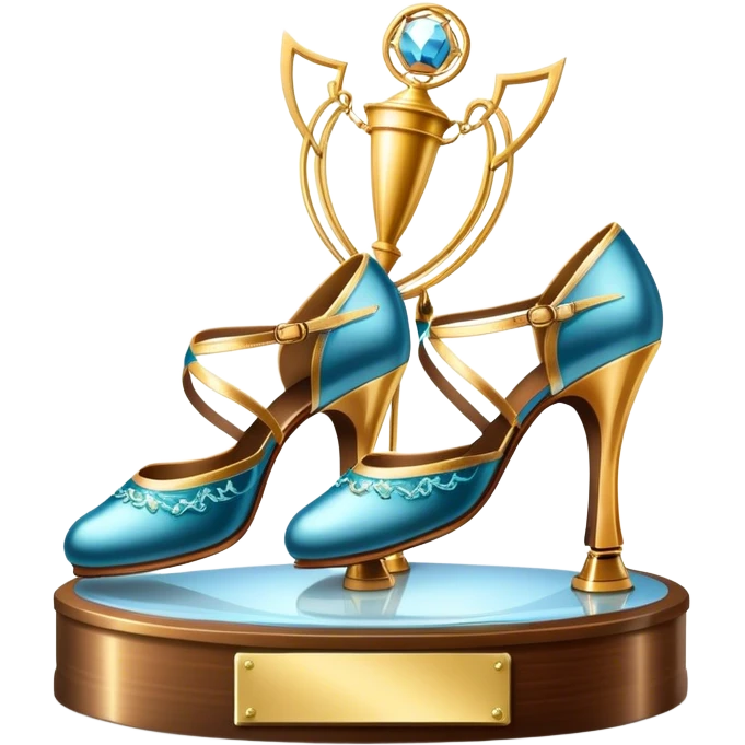 Icon for Ballroom Dancing: a pair of ballroom shoes, a dance floor with lighting, and a decorative dance trophy. The icon should represent the elegance and rhythm of ballroom dance through its key symbols. Transparent background. emoji