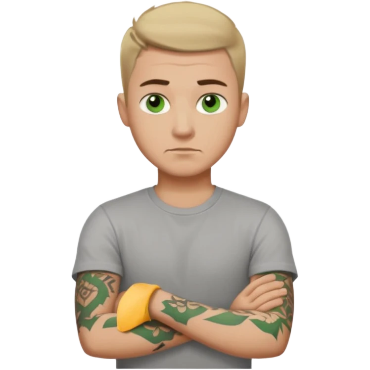 White young man with short dark taper fade hair cut and slight goatee and neutral expression with his arms folded. Green eyes and arm tattoos emoji