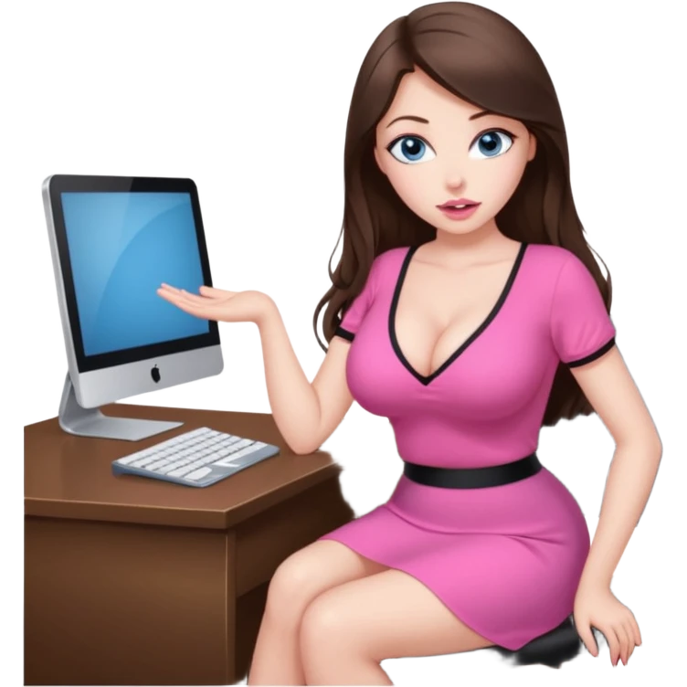 sexy woman brunette, very large breasts, pale skin, blue eyes, long brown hair, tight pink low cut  blouse, big pink lips, short black skirt. at desk emoji