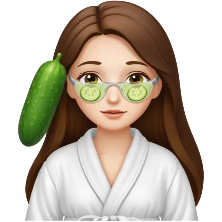 white long brunette hair girl with hazel eyes in a bathrobe with cucumbers on her eyes emoji