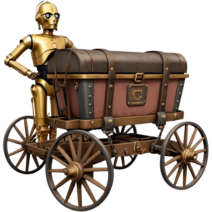 Old American West tarnished C-3PO bounty hunter in 1854 delicately ornate rosegold accents painted buggy buckboard wagon powered by electric motors and batteries with safety features and belts flying rapidly across rough dusty terrain stable on strong agile futuresteampunk suspension and steering  emoji