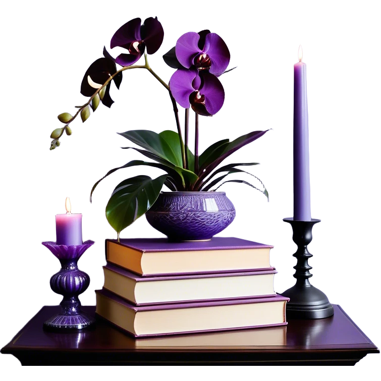 A sophisticated and artistic still life arrangement: a balanced stack of hardcover books in light and dark violet tones, their spines aligned in harmonious contrast. A lavender-colored monstera plant flourishes beside them, its uniquely shaped leaves adding a touch of organic beauty. A deep purple orchid glass candle holder glows gently, radiating warmth. To enrich the composition, a decorative amethyst crystal catches the light, a soft plum-colored linen cloth cascades from the table’s edge, and a delicate lavender-scented candle completes the ambiance of refined tranquility. emoji