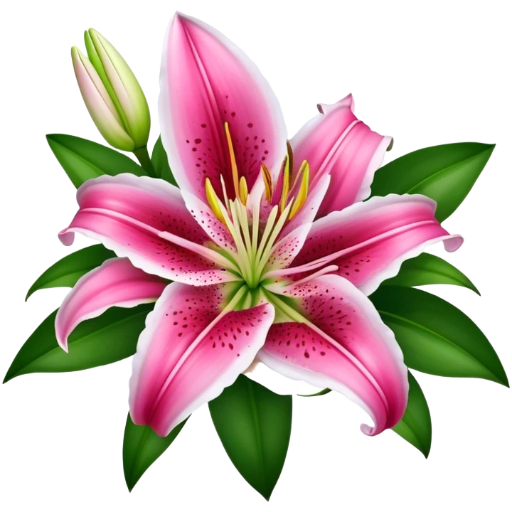bouquet Deep Pink Oriental Lily with White Edge, luxuriant, leaf, bud emoji