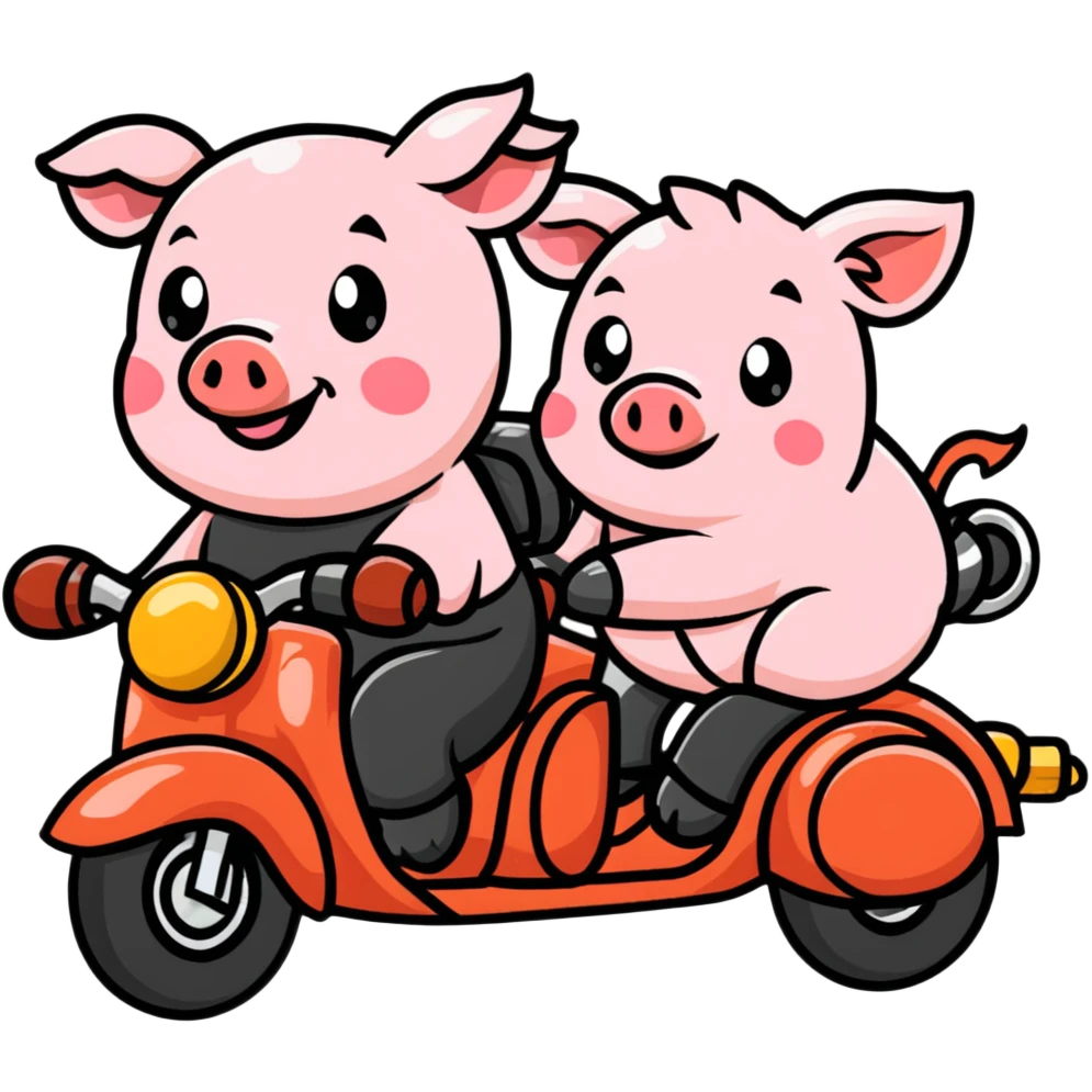 pig couple riding a motorbike, cute emoji