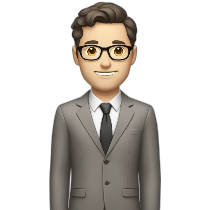 Full height Pale skinned Fit Man With dark brown hair in classic gray suit, beige office shirt, dark gray tie, and vintage glasses. His hands lock emoji