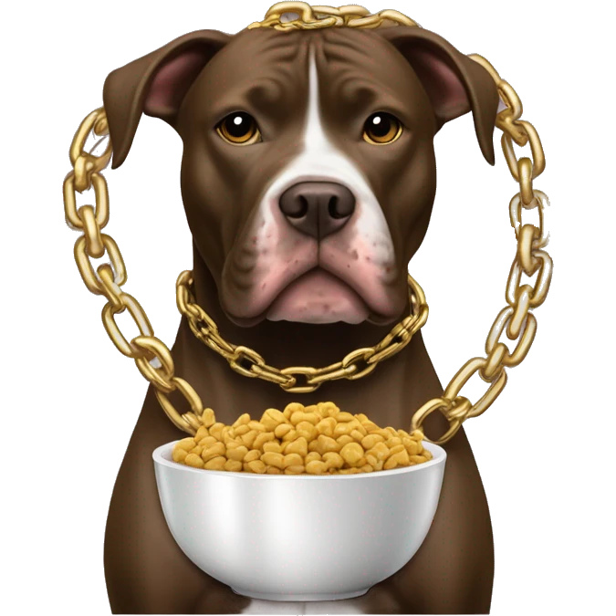 A dog pitbull with a big gold chain on that says “G-UNIT” and a bowl of dog food  emoji