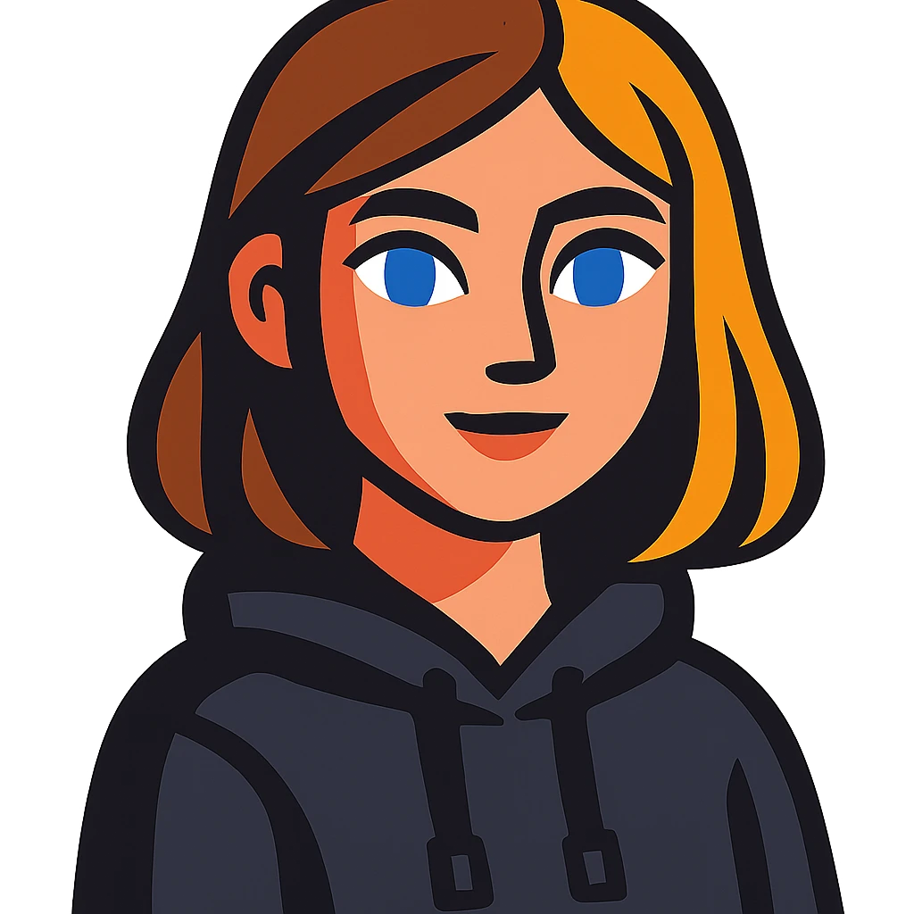 designer girl with blue eyes, brown and blonde hair to shoulders, black hoodie emoji