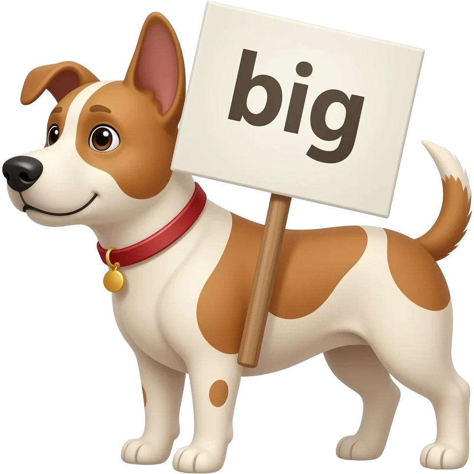 A dog holding   A sign that says “big” emoji