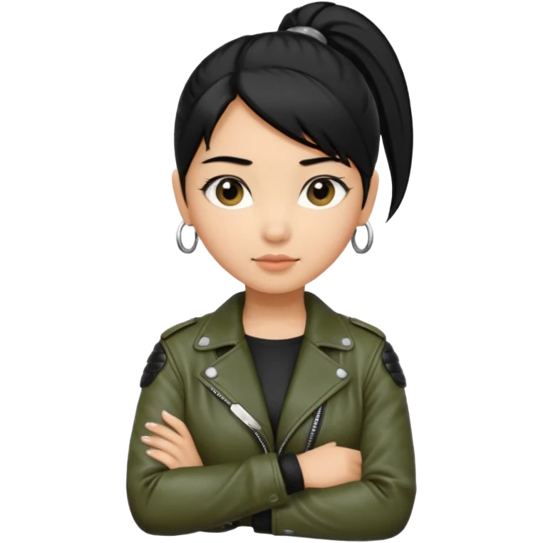 A girl with a pony tail black hair and olive ish skin, Asian eyes, with a black jacket and a black purse with arms crossed  emoji