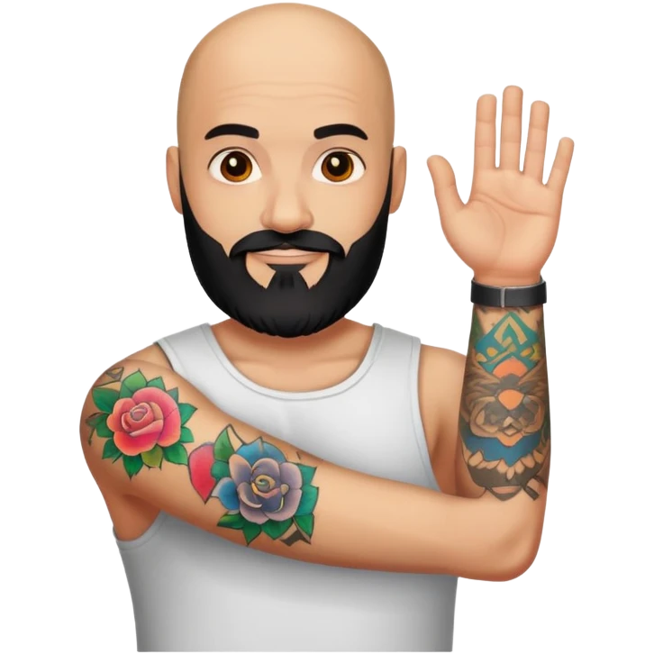 Bald man with black beard colorful tattoo on forearm only saying hi emoji