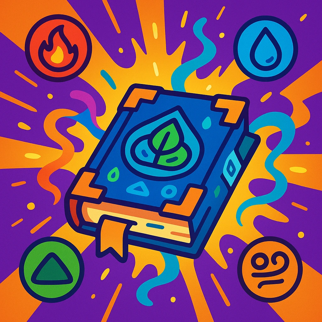 a spellbook with elemental runes, emitting magical energy, with icons of fire, water, earth, and air around it, in a vibrant cartoon style emoji