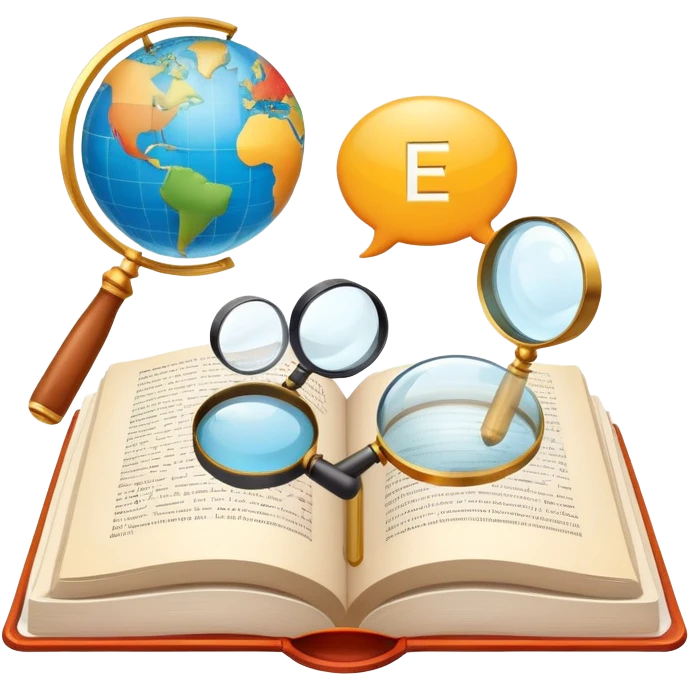 An icon featuring an open book, a speech bubble, and a magnifying glass, symbolizing philology and linguistics. The design includes language symbols, a globe, and alphabet letters, representing the study of languages and their structures. Transparent background  emoji