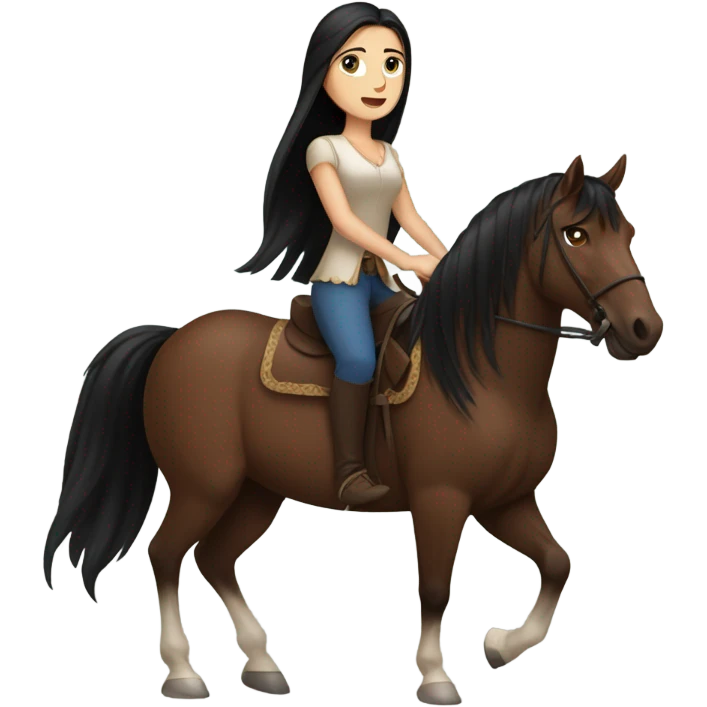 brunette with blue eyes and long black straight hair riding big brown horse  emoji