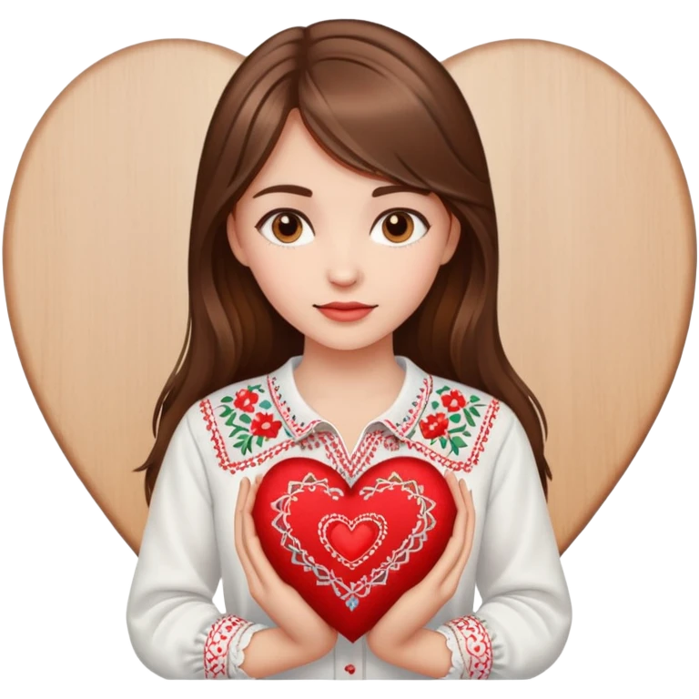 Beautiful young girl with brown hair in a white Ukrainian embroidered shirt holding a large embroidered heart emoji