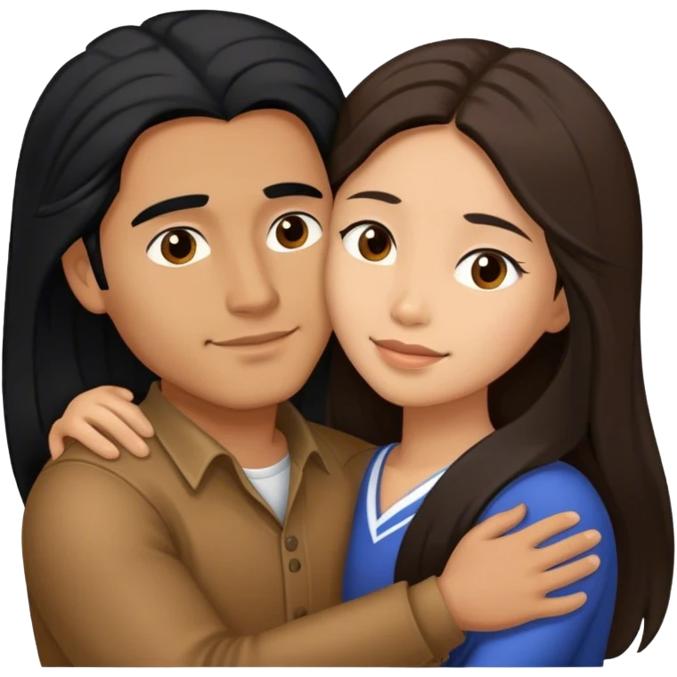 Caramel brown latino man with long black hair hugging brown hair Filipina emoji