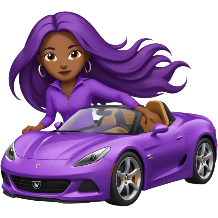 Black woman with long hair riding in a purple sports car emoji