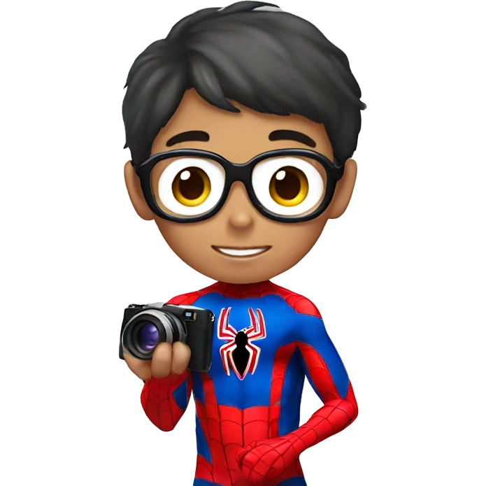 korean boy with spiderman suit taking a picture  emoji