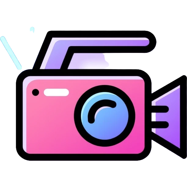 videographer's camera in pink and light blue colors, with neon glow lines, blue neon light on top left, purple neon light on bottom right emoji