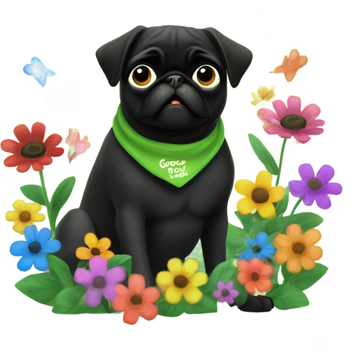 Black pug , surrounded by flowers, holding a green sign that says “good luck”  emoji