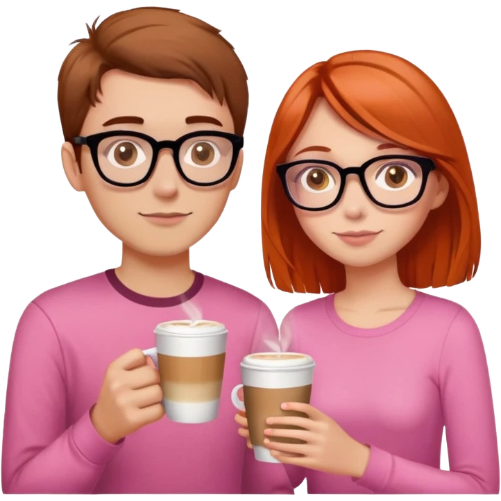 girl with brown hair and hazel eyes drinking latte, hair just below shoulder length and wearing a pink shirt. She is with her with her boyfriend who has orange/red hair, black glasses, and is taller than her. He needs a book in his hand  emoji