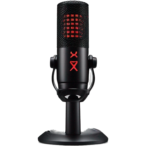 Create an emoji of the HyperX QuadCast microphone, showing its cylindrical black body with red LED grille lighting, compact shock mount stand, and subtle HyperX logo detail, giving it a sleek, modern look. emoji