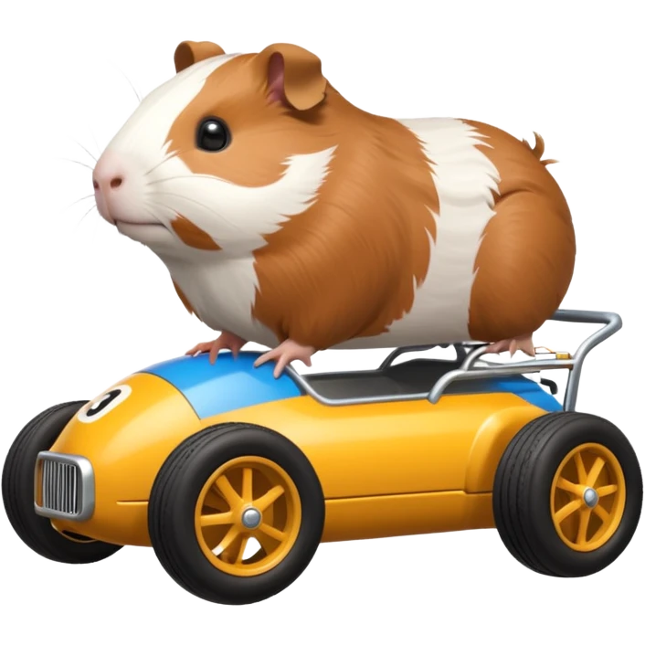 Special air-cooled three-cylinder race car whose frame and suspension is made of shopping cart material with a large rear-mounted gas tank, and rear spoiler, is being tested by a small Guinea pig emoji