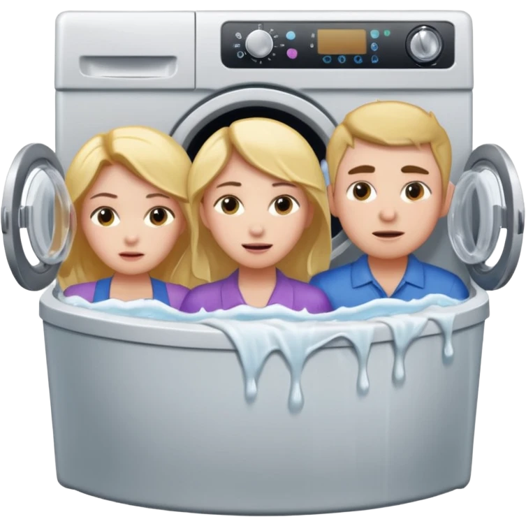 Eine Frau mit dem in der Waschmaschine feststeckt und zwei Männer die hinten an ihr ziehen um ihr zu helfen  emoji