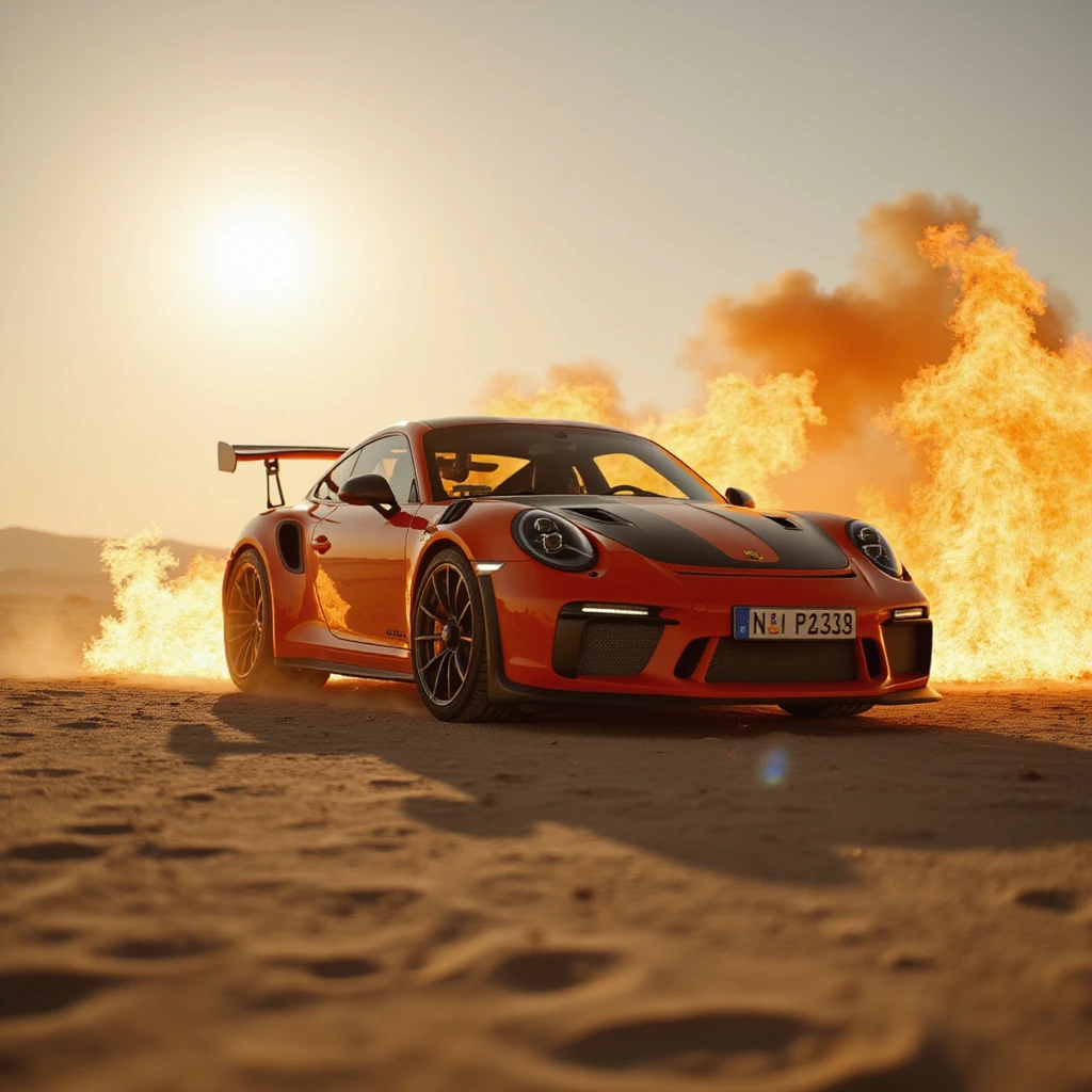 Cinematic shot, Porsche 911 gt3 rs in fire, desert, sunny day, dubai in background emoji