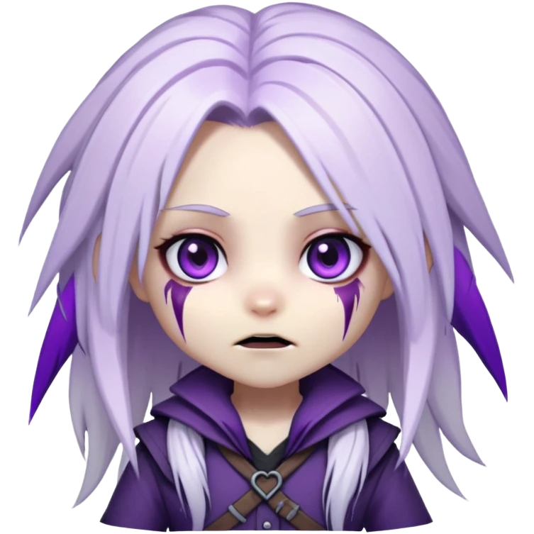 Chibi Sable Ward from Dead by Daylight with long white hair with purple streaks and fully purple eyes, detailed and expressive, cute exaggerated style with large expressive eyes and clear emotion emoji